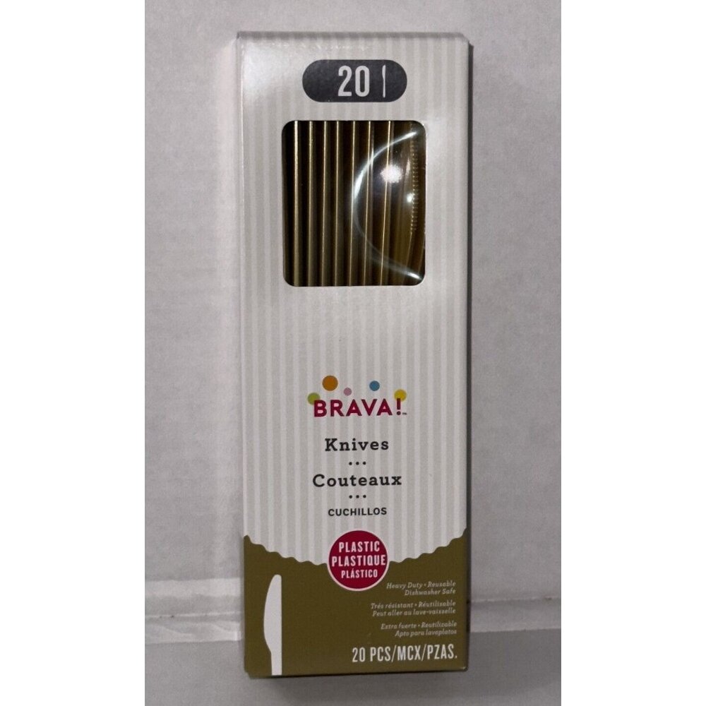 Brava! 20 Pack Heavy Duty Plastic Knives- Reusable and Dishwasher Safe (Gold)
